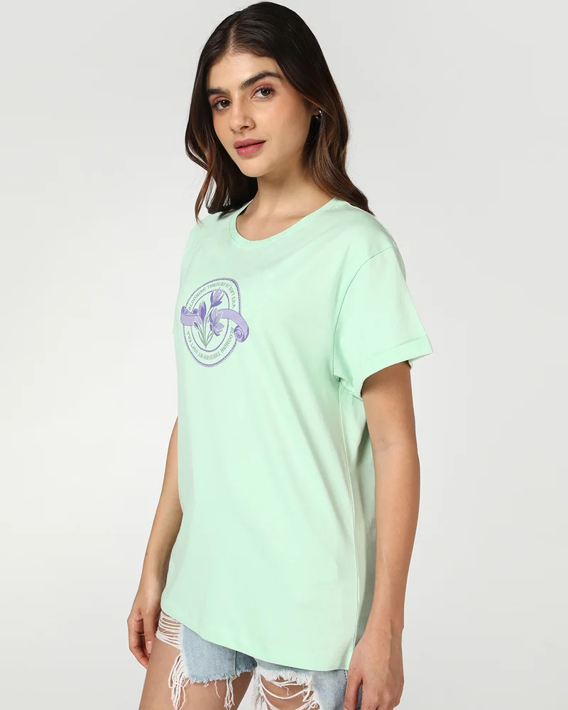 بيواكوف Women's Bird Egg Green Soft Era Graphic Printed Boyfriend T-shirt